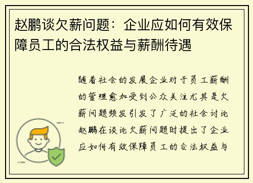 赵鹏谈欠薪问题：企业应如何有效保障员工的合法权益与薪酬待遇