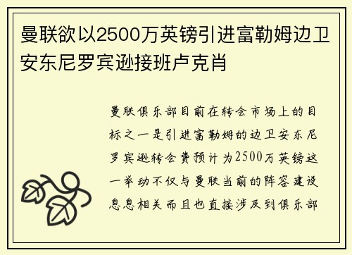 曼联欲以2500万英镑引进富勒姆边卫安东尼罗宾逊接班卢克肖